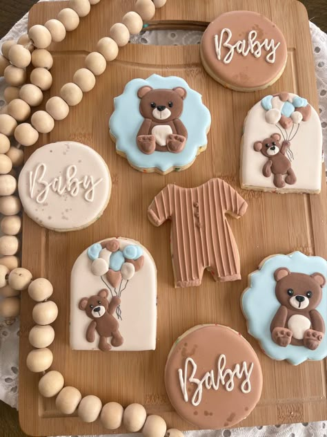 Teddy Bear Baby Shower Sugar Cookies, Bear Cookies Decorated, Teddy Bear Sugar Cookies, Bear Baby Shower Cookies, Bear Sugar Cookies, Sibling Baby Announcements, Rolled Cookies, Cookie Gift Packaging, Cook Art