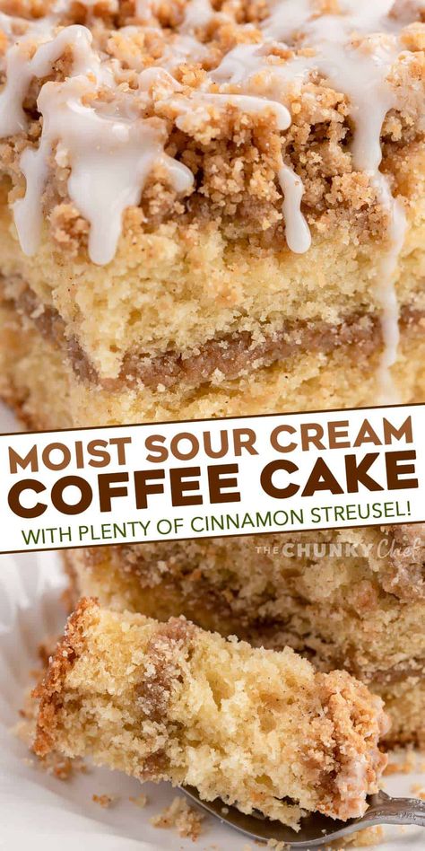 My favorite Sour Cream Coffee Cake is ultra moist and buttery, with a cinnamon streusel layer in the middle and on top, and drizzled with a sweet glaze. #coffeecake #crumbcake #sourcream #baking #breakfast #dessert #cinnamon #streusel #brunch Coffee Cake Cinnamon, Dessert Cinnamon, Breakfast Coffee Cake, Cake Cinnamon, The Chunky Chef, Coffee Cake Recipes Easy, Chunky Chef, Bakery Goods, Sweet Glaze