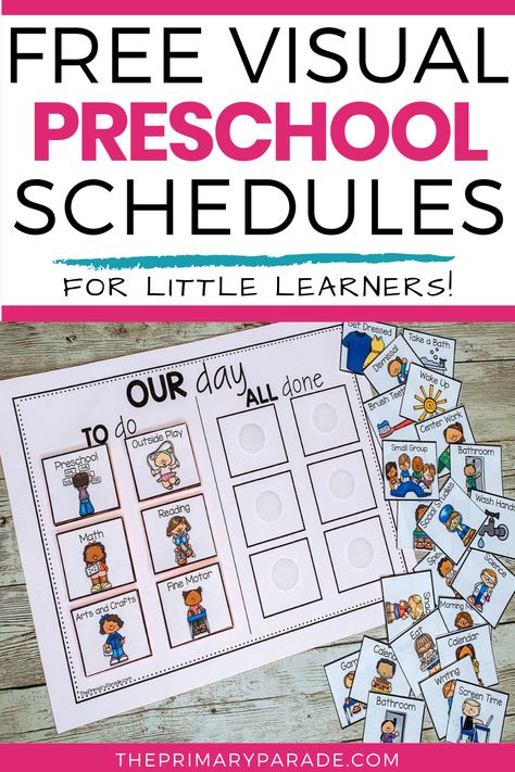 Need a preschool schedule that is easy to use and visual for your little learners? This visual schedule has it all! Prek Visual Daily Schedule, Visual Homeschool Schedule, Homeschool Visual Schedule Free Printables, Visual Schedule Speech Therapy, Picture Schedule For Preschool Classroom, Preschool Picture Schedule, Visual Schedule Kindergarten, Kindergarten Visual Schedule, Homeschool Visual Schedule