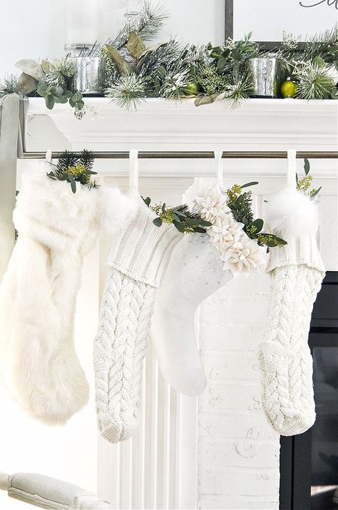 How To Hang Christmas Stocking On Mantel, Hanging Christmas Stockings On Mantel, Hanging Christmas Stocking Ideas, How To Hang Stockings On Mantel, White Christmas Stockings Ideas, Christmas Stocking Hanging Ideas, Stocking Hanging Ideas, Seasons Decorations, Christmas Stockings Ideas