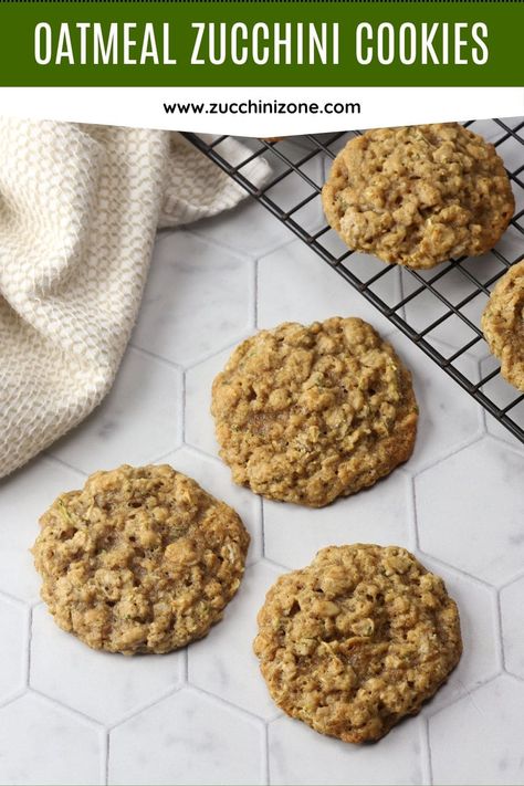 Oatmeal zucchini cookies by Zucchini Zone. Oatmeal zucchini cookies are chewy, homemade cookies filled with oats, cozy cinnamon, and shredded zucchini. They're great for after school snacking or your next holiday cookie tray! #oatmealcookies #zucchinicookies #oatmealzucchinicookies #zucchinirecipes #cookies Zucchini Oatmeal Cookies Recipes, Zucchini Bread Cookies, Vegan Zucchini Cookies, Easy Zucchini Cookies Recipes, Zucchini Cookies Recipes, Healthy Zucchini Cookies, Zucchini Oatmeal Muffins, Oatmeal Zucchini, Squash Ideas