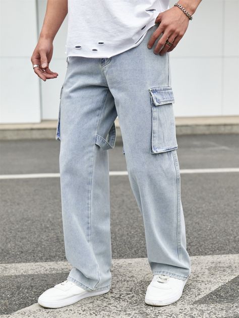 Light Wash    Denim Plain Straight Leg Embellished Non-Stretch  Men Denim Denim Shoes Outfit, Cargo Outfit Men, Denim Jeans Outfit Men, Stylish Jeans For Men, Denim Outfit Men, Denim Jeans Outfit, Cargo Outfit, Jeans Outfit Men, Baggy Clothes