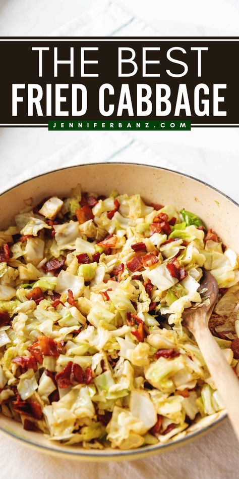 Your 4th of July food must have this stir fry cabbage! Paired with crispy bacon, this fried cabbage recipe is the BEST. Plus, it's an easy summer BBQ side dish in just one skillet! Pin this for later! Fried Cabbage With Bacon, Cabbage With Bacon, Fried Cabbage Recipes, Cabbage Side Dish, Low Carb Side Dish, Southern Fried Cabbage, Bacon Dinner, Low Carb Side, Bacon Fried Cabbage