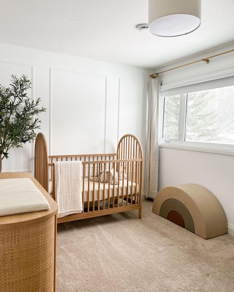 Natural Wood Crib Nursery Color Schemes, Simple Wood Crib, White Oak Crib, Modern Natural Nursery, Natural Wood Furniture Nursery, Nursery Ideas Wood Crib, Natural Wood Nursery Ideas, Baby Crib And Dresser, White Wood Nursery