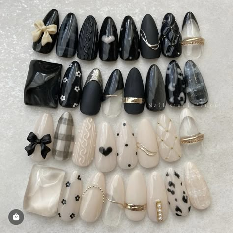 Black And Pearl Nails, Nail Tech Practice, Nail Art Wheel, Kids Nail Designs, Black And White Nails, Coquette Nails, Asian Nails, Nail Business, Punk Nails