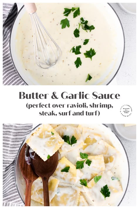 This butter and garlic cream sauce has been a top recipe on our blog for over 10 years. It's perfect to go over ravioli, shrimp or anything that a red sauce won't. #buttergarlicsauce #raviolisauce #happilyunprocessed Easy Pasta Sauce For Ravioli, Cream Sauce For Ravioli Recipe, Ravioli Without Red Sauce, Easy Garlic Cream Sauce, Easy Ravioli Sauce Simple, Garlic Butter Ravioli Sauce, Sauce For Ravioli Cream, Light Cream Sauce For Ravioli, Garlic Butter Sauce For Ravioli