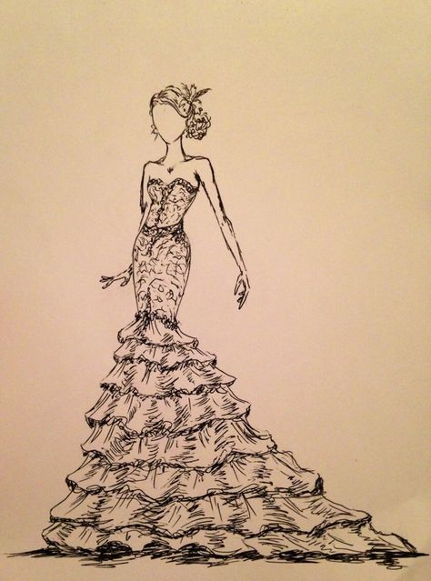 Bring your wedding dress to life with a beautiful, black and white rendition! Traditional fashion design influences the elongated figure, showcasing the details of your dress. I will use your features for the figure, or if you prefer, I can create a sketch of the dress on a mannequin. I use high quality permanent Indian ink, and 140lb paper... So you can be sure your image will last for years! Send me a massage and let me know size requests, requests for monograms or scripted quotes... The possi Dress On A Mannequin, Mannequin Drawing, Fantasy Dress Design, Fashion Mannequin, Dress Sketch, Fashion Model Sketch, Fashion Design Template, Model Sketch, Fashion Drawing Sketches