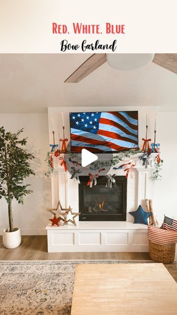 Cherish Larsen - Seasonal/Holiday Favorites! on Instagram: "Red, White, Blue Bow Garland! ❤️🤍💙

And here is how I decided to decorate my fireplace for the 4th of July! 

Save this idea for an easy DIY idea and/or for a 4th of July decor idea!

As you can see I only demonstrated how to make the garland with the smaller bows. The bigger bow garland is basically the same except I didn’t glue the bows together, I spaces them out and then added another bow on top of the other! I like the look of the fishing line, but you can use amy kind of string or ribbon for this! 

I liked these adorable wooden stars from @12timbers along with the Eucalyptus garland, ribbon, my red dress, flameless candles, and more in LTK!

Comment “Bows” for the direct links from the post!" Cherish Larsen, Garland Ribbon, Bow Garland, 4th Of July Decor, Eucalyptus Garland, July Decor, Wooden Stars, Flameless Candles, Small Bows