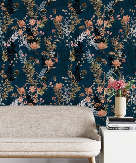 Furniture Flipping Ideas, Feature Wall Bedroom, Dark Blue Flowers, Look Wallpaper, Blue Flower Wallpaper, Living Room Wallpaper, Large Scale Floral, Furniture Flipping, Temporary Wallpaper