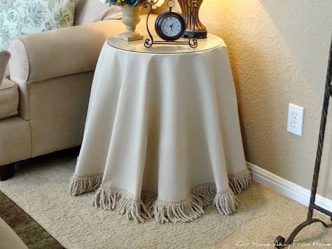 Our Home Away From Home: DROP CLOTH TABLE SKIRT WITH FRINGE Diy Table Skirts, Round Console Table, Round Table Decor, Cloth Table Covers, Linen Curtain Panels, Fringe Fabric, Make A Table, Table Skirt, Round Table Covers