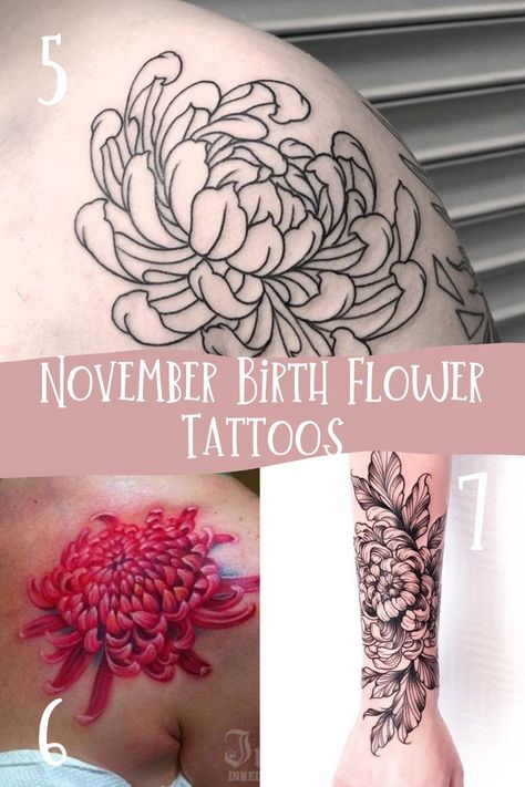 November Birth Flower Tattoos {Chrysanthemums} - Tattoo Glee November Birthday Flower Tattoo, November Flower Tattoo Ideas, Crisamthmum Tattoo, November Birth Flower Tattoo Ideas, Chrysanthemum Tattoo With Name, Birth Flower November Tattoo, Chrisantemum Flower Tattoo Simple, November Birth Tattoo Ideas, Mum Flower Tattoo Chrysanthemums