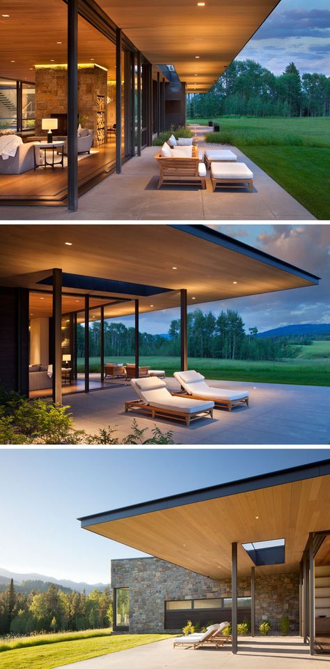 Wood Eaves Exterior, Homes With Glass Walls, Rural Modern House, House In The Woods Modern, Wood And Glass House, Modern Rural House, Inside Outside Living, Outdoor Veranda, Living Room Decor On A Budget