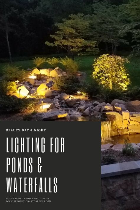 Water Feature Lighting, Waterfall Lights, Outdoor Waterfalls, Garden Pond Design, Rock Waterfall, Outdoor Ponds, Turtle Pond, Garden Waterfall, Pond Waterfall