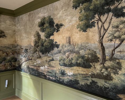 Mural Wallpaper With Chair Rail, Dark Dining Room Walls, English Wallpaper Aesthetic, Wallpaper Mural With Wainscoting, Forest Wall Mural Painted, Moody Mural Wallpaper, Mural Wallpaper Vintage Bathroom, Vintage French Wallpaper, Pastoral Wallpaper Mural