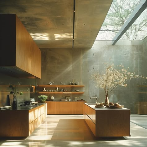 Explore this stunning mid-century modern kitchen designed by Tadao Ando. Featuring a breathtaking skylight and an Amber Glow color palette, this space is a masterpiece of architecture photography 🌈 #colorfulinterior #greeninterior #blueinterior #goldeninterior #purpleaesthetics #midcenturymodernhome #midjourneyarchitecture Tadao Ando Interior Design, Mod Century Kitchen, French Midcentury Modern, Modern Century Kitchen, Mid Century Modern Stairs, Modern 70s Kitchen, Mid Modern Century Kitchen, Tadao Ando Interior, Mid Century Modern House Interior