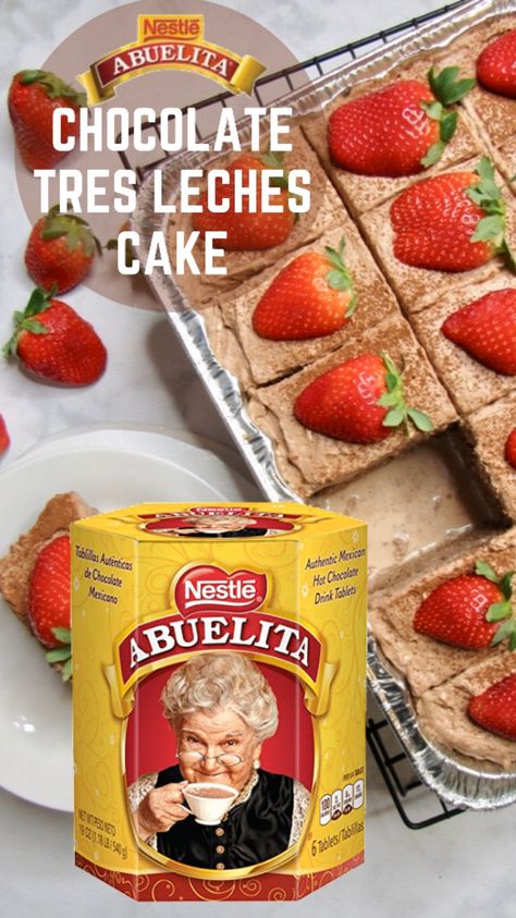 Abuelita Chocolate Cake, Chocolate Tres Leches Cake Recipe, Mini Tres Leches Cake, Mexican Tres Leches Cake, Abuelita Hot Chocolate, Chocolate Tres Leches, Cherry Cakes, Three Milk Cake, Chocolate Tres Leches Cake