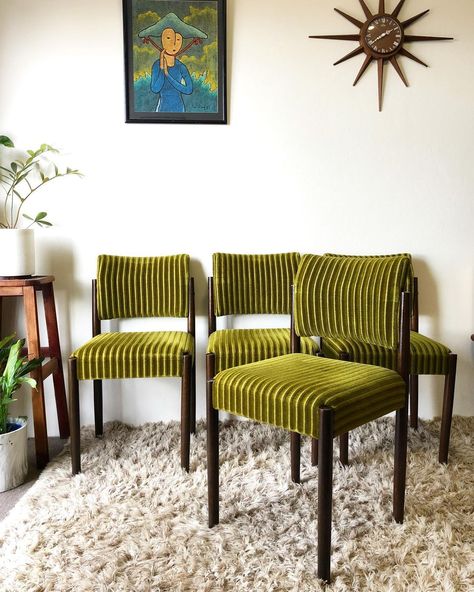 Retro Chairs Dining, Green Kitchen Chairs, Upholstered Chairs Dining, Mcm Dining Chairs, Corduroy Chair, Green Upholstered Chair, Eclectic Dining Chairs, Room Organizers, Dining Room Chandelier Modern