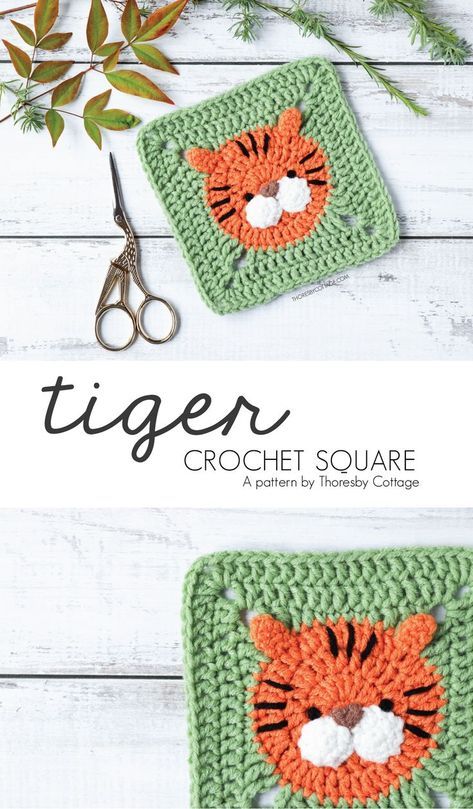 Crochet tiger square / granny square. Perfect pattern for beginners! Use this gorgeous crochet motif on afghans and blankets, cushions and more. A wonderful addition to an animal themed nursery. #crochetpattern #grannysquare #crochettiger Giraffe Granny Square, Tiger Crochet Blanket, Bunny Crochet Granny Square, Crocheting Plushies, Crochet Pattern Square, Animal Themed Nursery, Crochet Tiger, Motifs Granny Square, Beau Crochet