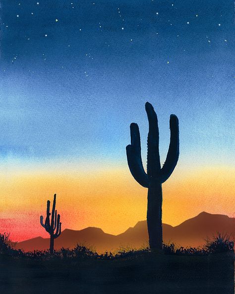 Desert Sunset Painting, Cactus Landscape, Cactus Sunset, Cactus Painting, Social Art, Landscape Watercolor, Desert Art, Desert Painting, Desert Cactus