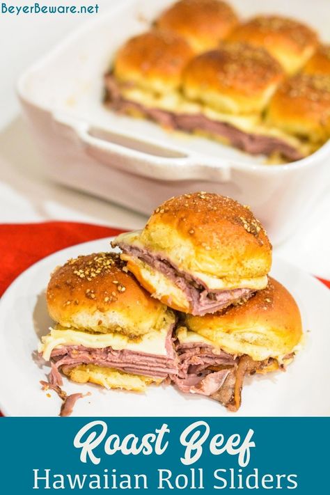 Roast beef Hawaiian roll sliders, or more affectionately called Sandy's Sandwiches, combine butter, garlic powder, Worcestershire sauce, and poppy seeds for a butter glaze that compliments these baked roast beef and cheese sandwiches. Roast Beef Hawaiian Roll Sliders, Make Ahead Ham, Hawaiian Roll Ham Sandwiches, Roast Beef Deli Meat, Rolled Roast Beef, Hawaiian Roll Sandwiches, Oven Roast Beef, Roast Beef Sandwich Recipes, Sliders Recipes Beef