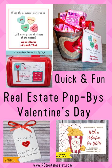 Quick & Fun Valentine's Ideas for Your February Real Estate Pop-Bys, including printable tags. Valentine’s is the perfect time to show your real estate clients some love! Here is a roundup of ideas for your Valentine’s Day pop bys that your clients, friends and referrers will love.  #REdigitalassist #realestate #popby #valentines #ideas #printables #tags #realtors Valentines Client Appreciation, Pop Bys Real Estate Valentine, Cheap Real Estate Pop By Gifts, Valentine Pop Bys For Realtors, February Pop Bys Real Estate, Valentine’s Day Client Gifts, Realtor February Marketing, Pop Buys For Realtors, Marketing Valentine Ideas