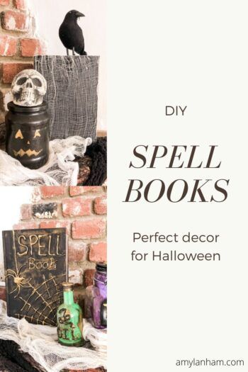 DIY Spell Books - perfect decor for Halloween with two pictures on the side of the two spell books. Diy Halloween Books, Diy Spell Book, Spooky Halloween Decor, Decor For Halloween, Spell Books, Halloween Mantel, Good Witch, Spooky Halloween Decorations, Halloween Movie