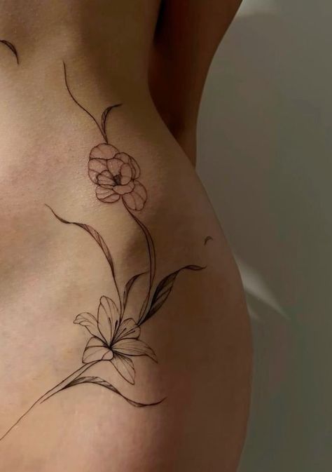 Medium Size Hip Tattoo, Ironic Tattoos Ideas, Flower Buds Tattoo, Hip Tattoos Women Big, Whimsical Flower Tattoo, Tattoo Hips Women, Back Tattoos Female, V Line Tattoos Women, Hipbone Tattoo