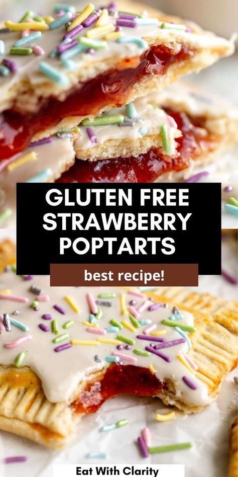 These gluten free homemade strawberry poptarts are easy to make, dairy free and vegan friendly. These potparts are filled with strawberry jam and make the perfect gluten free breakfast or dessert. Vegan Pop Tarts, Gluten Free Pop Tarts, Strawberry Pop Tarts, Strawberry Pop, Strawberry Pop Tart, Light Dinner Recipes, Pop Tart, Tasty Breakfast, Homemade Gluten Free