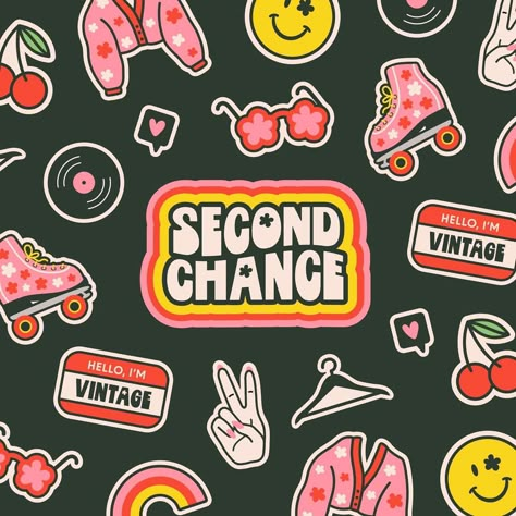 Chloe | Branding & Graphic Design | Some funky branding for Second Chance - An online thrift store🍒💛 Brief by @brandsbyrobin #briefsbyrobin 🫶🏼… | Instagram Thrift Shop Aesthetic Logo Coming Soon, Logo For Thrift Store, Thrift Logo Design Aesthetic, Second Hand Logo Design, Funky Graphic Design Illustrations, Clothing Store Graphic Design, Thrift Store Logo Ideas, Thrift Logo Ideas, Thrift Graphic Design