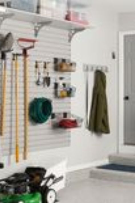 Organize your garage in no time with these simple steps! Start by emptying the entire space and sorting items into piles – keep, donate, and throw away. Next, purchase metal shelves to store large items and hooks to secure bikes or other tools. Label boxes of seasonal decorations and tools so that everything is easily identifiable when needed. Finally, use baskets or containers for small objects like power cords or hardware bits. With these easy strategies, you'll be able to efficiently maximiz Garage Cabinets Organization, Slatwall Garage, Wall Organization System, Garage Wall Organizer, Organization Garage, Garage Organization Systems, Organized Garage, Garage Storage Inspiration, Organization Systems