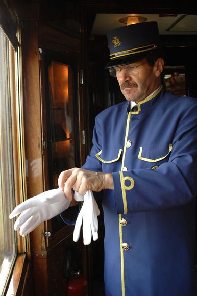 ♔ Steward ~ Orient Express staff uniform bespoke Orient Express Train, Simplon Orient Express, The Orient Express, Train Conductor, Luxury Train, Orient Express, Polar Express, Train Journey, Vintage Train