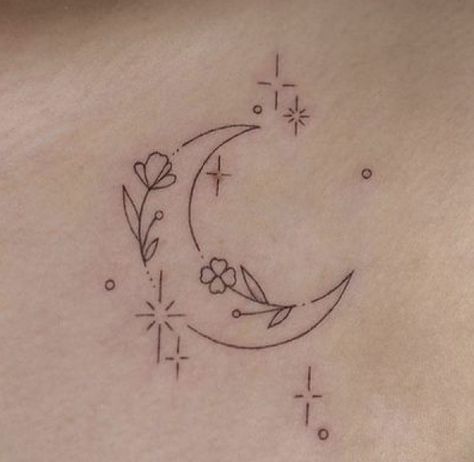 Crescent Moon Tattoo Ideas, Crescent Moon Tattoos, Simple Outlines, Tattoos Simple, Small Girly Tattoos, Moon Flowers, Moon Tattoos, Moon Tattoo Designs, Flower Tattoo Shoulder