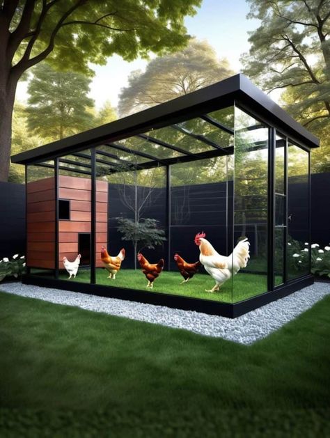 Create a modern masterpiece with a reflective glass pavilion chicken coop. Mirrored surfaces provide an illusion of spaciousness while allowing you to keep an eye on your chickens in a visually stunning setting. Glass Chicken Coop, Modern Chicken Coop, Tiny Zen Garden, Fairy Tale Cottage, Glass Pavilion, Log Siding, Coop Design, Chicken Coop Designs, Backyard Chicken Coops