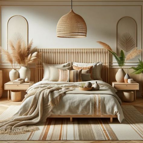 Bungalows Interiors, Calm Relaxing Bedroom Ideas, Boho King Bedroom Ideas, Master Bedrooms Minimalist, Bedroom Ideas Rattan, Tulum Inspired Bedroom, Desert Theme Bedroom, Luxury Boho Bedroom, Layered Bedding Ideas