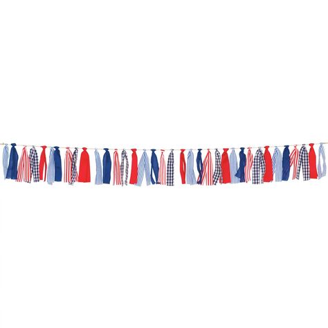 "Buy the 6ft. Patriotic Ribbon Tassel Garland at Michaels. com. Add a sweet touch to your red, white and blue patriotic decorations with this banner! Add a sweet touch to your red, white and blue patriotic decorations with this banner! The garland is a piece of natural twine featuring tied ribbons in red, navy, navy and white gingham, red and white stripes and light blue seersucker. It ties in perfectly with your other All-American decorations. Details: Red, white and blue 8\" x 72\" x 0.25\" 36 4th Of July Painted Banner, Red White And Blue Nautical Decor, 4th Of July Ribbon Garland, Fourth Of July Banner, Patriotic Bead Garland, Ribbon Garland, American Decor, Tassel Garland, Navy Pink