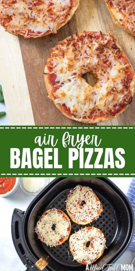 Ditch the frozen Bagel Pizza Bites, and make your own at home with this simple recipe for Homemade Bagel Pizzas that come together in less than 10 minutes! Made with a toasted bagel, pizza sauce, and cheese these Air Fryer Pizzas come together FAST for a crispy, toasted Bagel Pizza that makes a great snack or quick lunch. Bagel Pizzas, Bagel Pizza Recipe, Bagel Pizza, Air Fryer Pizza, Air Fryer Foods, Food Air Fryer, Air Fryer Food, Quick Lunch Recipes, Bagel Bites