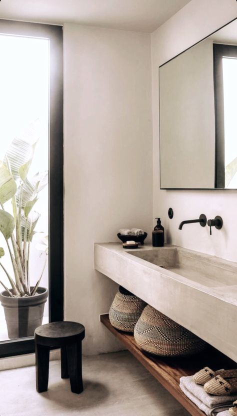 Concrete Vanity Sink, Cement Vanity Bathroom, Minimal Bathroom Vanity, Concrete Bathroom Vanity, Wellness Bathroom, Bathroom Tile Design Ideas, Concrete Interior Design, Tile Design Ideas, Concrete Vanity