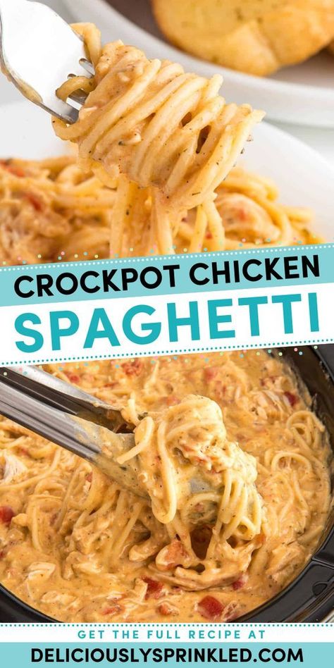 Your new favorite weeknight dinner for family! Smothered in creamy, cheesy goodness with Rotel, this easy crockpot chicken spaghetti is delicious. Gotta love a simple pasta recipe you can just dump in the slow cooker! Slow Cooker Chicken Spaghetti, Crockpot Chicken Spaghetti Recipe, Chicken Spaghetti Velveeta, Easy Healthy Crockpot, Healthy Crockpot Chicken, Crockpot Chicken Spaghetti, Vegetable Slow Cooker, Chicken Spaghetti Recipe, Crockpot Spaghetti