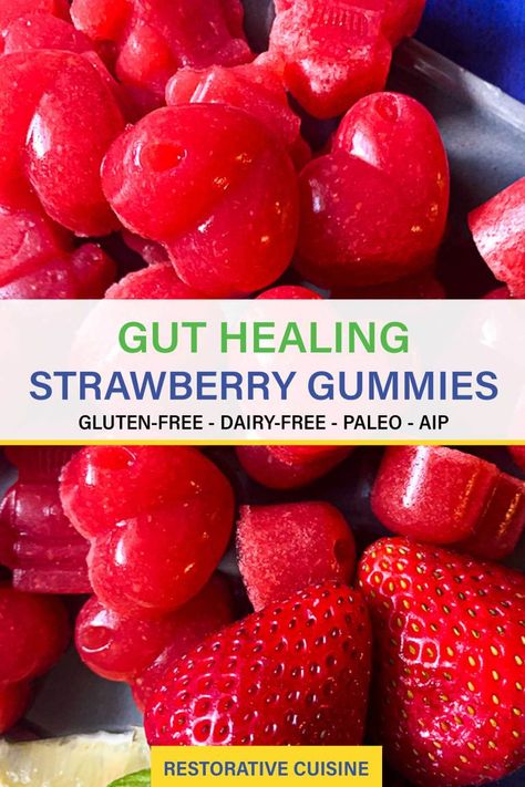 Gut Healing Strawberry Gummies (AIP, Paleo) - Restorative Cuisine Gummies With Agar Agar, Bovine Gelatin Gummies, Protein Gummies Recipes, Homemade Healthy Gummies, Beef Gelatin Gummies, Fruit Candy Recipes, Pectin Gummies, Immune Gummies, Protein Gummies