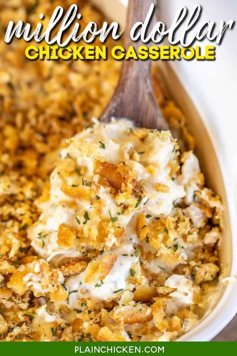 Million Dollar Chicken Casserole - This is our go-to chicken casserole! SO easy to make and tastes like a million bucks! Chicken, cream cheese, cottage cheese, sour cream, onion, garlic, cream of chicken soup, topped with crushed Ritz crackers and butter. Can make this casserole in advance and refrigerate or freeze for later. #chicken #casserole #chickencasserole #ritzcrackers Million Dollar Chicken Casserole, Best Chicken Casserole, Million Dollar Chicken, Chicken Casserole Easy, Plain Chicken, Ritz Crackers, Easy Casserole Recipes, Chicken Recipes Casserole, Easy Salad Recipes