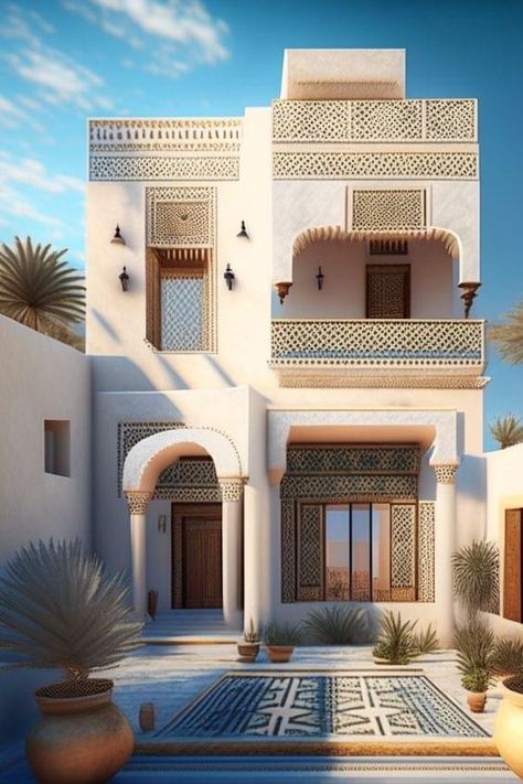 Tunisian home Arabic House Design Exterior, Islamic Architecture House, Arabian House Design, Arabic House Design, Arab House, Arabic House, Sky Window, Moroccan Houses, Plans Architecture