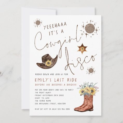 Trendy Cowgirl Disco Glitter Bachelorette Party Invitation | #discobacheloretteparty #cowgirldisco #lastdisco #fauxglitter #boots #discoball #sunflowers #cowgirlhat #handwrittenstylescript #trendy Boots With Sunflowers, Glitter Bachelorette, Glitter Bachelorette Party, Cowgirl Invitations, Cowgirl Disco, Disco Bachelorette Party, Cowgirl Bachelorette Parties, Disco Bachelorette, Bachelorette Invitation