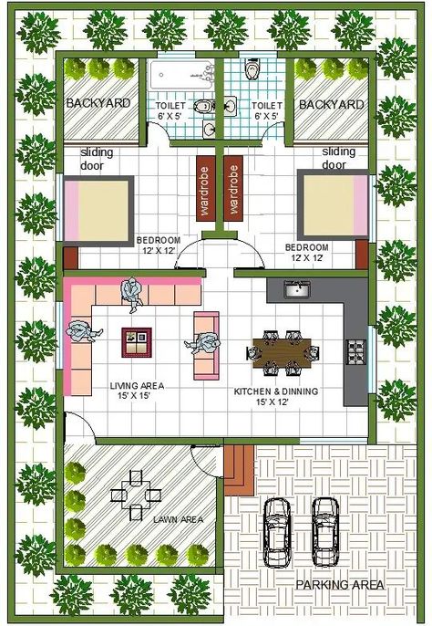 30' x 50' East Facing House Plan With Interior Design And Dimension detail in Dwg file. This file includes the detailed study of the house with living area, kitchen, and dining, 2 master bedrooms attached with toilet, lawn area, backyard, and car parking area. #cadbull #caddrawing #cadarchitecture #architecture #autocad #autocaddrawing #layoutplan #free #elevation #houeplan #interiordesign #livingarea #kitchen #dining #masterbedrooms #attachedtoilet #lawnarea #backyard #carparkingarea 30×50 House Design, Courtyard Design Plan, House Car Parking Design, Home Parking Area Ideas, 25×50 House Plan, Plot Design, East Facing House Plan, Autocad Plan, Architect Data