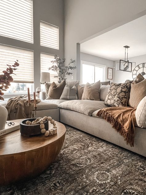 Black Brown And Neutral Living Room, Grey Brown Neutral Living Room, Organic Farmhouse Style Living Room, Cream Taupe And Grey Living Room, Brown And Neutral Living Room, Dark Tan Couch Living Room, Black Tan And Grey Living Room, Taupe Leather Couch Living Room Decor, Taupe Family Room