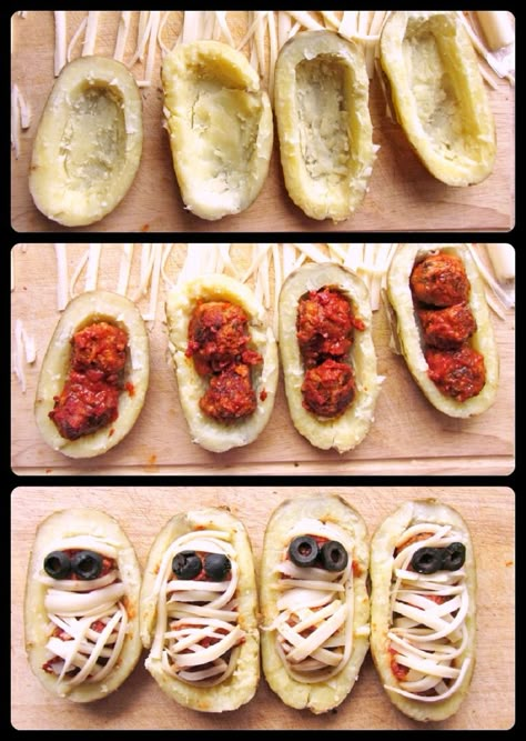 Halloween Mummy Potatoes with Meatballs! Great idea but I would probably do it with mini loafs of bread rather than potatoes! Halloween Mummy Meatballs, Mummy Pumpkin Carving Ideas, Halloween Potatoes, Halloween Meatballs, Halloween Eats, Pumpkin Pizza, Easy Halloween Snacks, Recetas Halloween, Spooky Kitchen