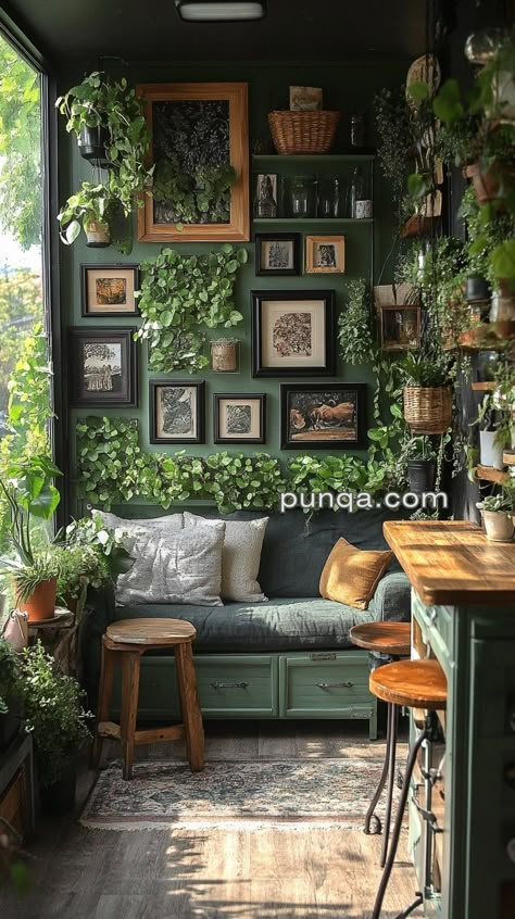 Minimal Space, Maximum Art: Stylish Display Ideas for Tiny Areas - punqa.com Office With Plants Interiors, Vintage Plant Aesthetic Room, Plant And Picture Wall, Home Coffee Bar Ideas Small Spaces, Plant Wall Living Room, Green Cafe Aesthetic, Green Wall Aesthetic, Green Art Studio, Cozy Cafe Aesthetic