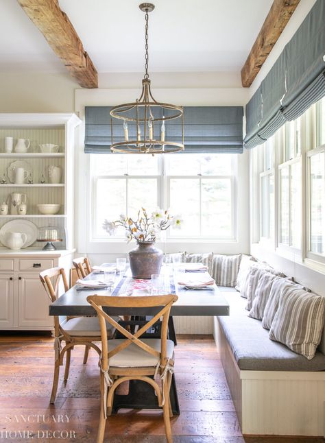 Dining Nook Built In, Breakfast Nook Bench Under Window, Kitchen Nook Rectangle Table, Breakfast Nook With Rectangular Table, Built In Breakfast Nook Corner Window, Window Bench Table, Modern Farmhouse Breakfast Nook, Dining Table Breakfast Nook, Dining Nook Bench