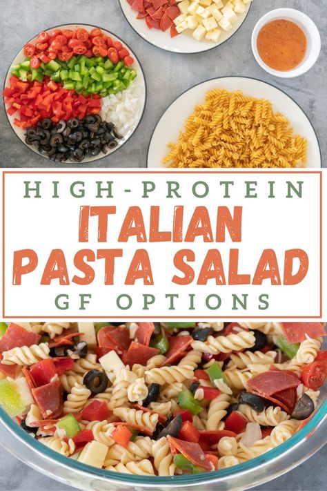 This picture shows the ingredients for the italian dressing pasta salad on the top of the pin. On the bottom, it shows a close up picture of the finished italian pasta sala.d Low Calorie Pasta Salad, Cold Pasta Recipes, Protein Pasta Recipes, Protein Pasta Salad, Rotini Pasta Salad, Low Calorie Pasta, Gluten Free Pasta Salad, Healthy Pasta Salad Recipes, Pasta Calories