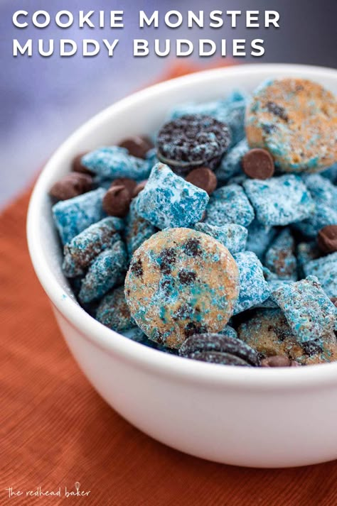 Cookie Monster Food Ideas, Sesame Street Desserts, Cookie Monster Food, 2024 Meals, Monster Treats, Chicory Recipe, Puppy Chow Recipes, Chex Mix Recipes, Muddy Buddies