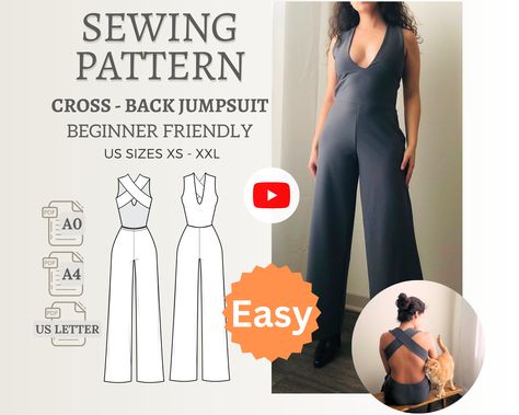 Backless Jumpsuit Sewing Pattern for Beginner Includes 6 Sizes XS-XXL Wide Leg Jumpsuit For Women Palazzo Pants PDF Sewing Pattern For Event Flare Pants Pattern, Jumpsuits Pattern, Jumpsuit Sewing Pattern, Jumpsuit Sewing, Open Back Jumpsuit, Jumpsuit Pattern Sewing, Beautiful Jumpsuits, Women Jumpsuit, Romper Pattern